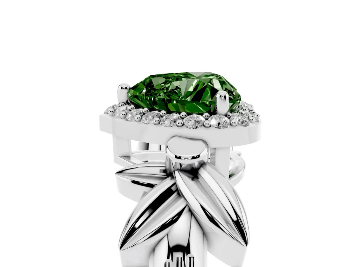 Fancy Green Heart Cut Halo Diamond Floral Band with Four-Prong Setting Silver
