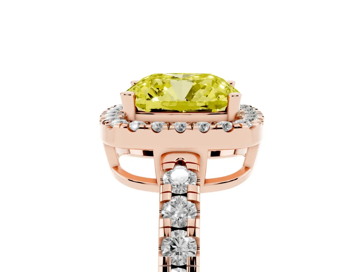 Fancy Yellow Cushion Cut Diamond Halo Ring with Pavé Band and Four-Prong Setting Rose gold