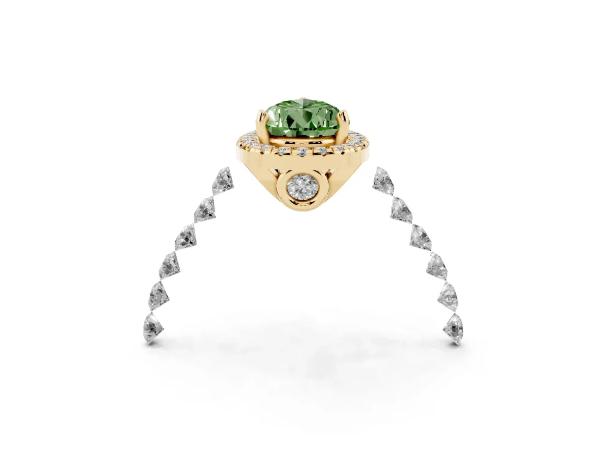 Fancy Green Pear Cut Halo Pavé Diamond Engagement Ring with Four-Prong Setting Yellow gold