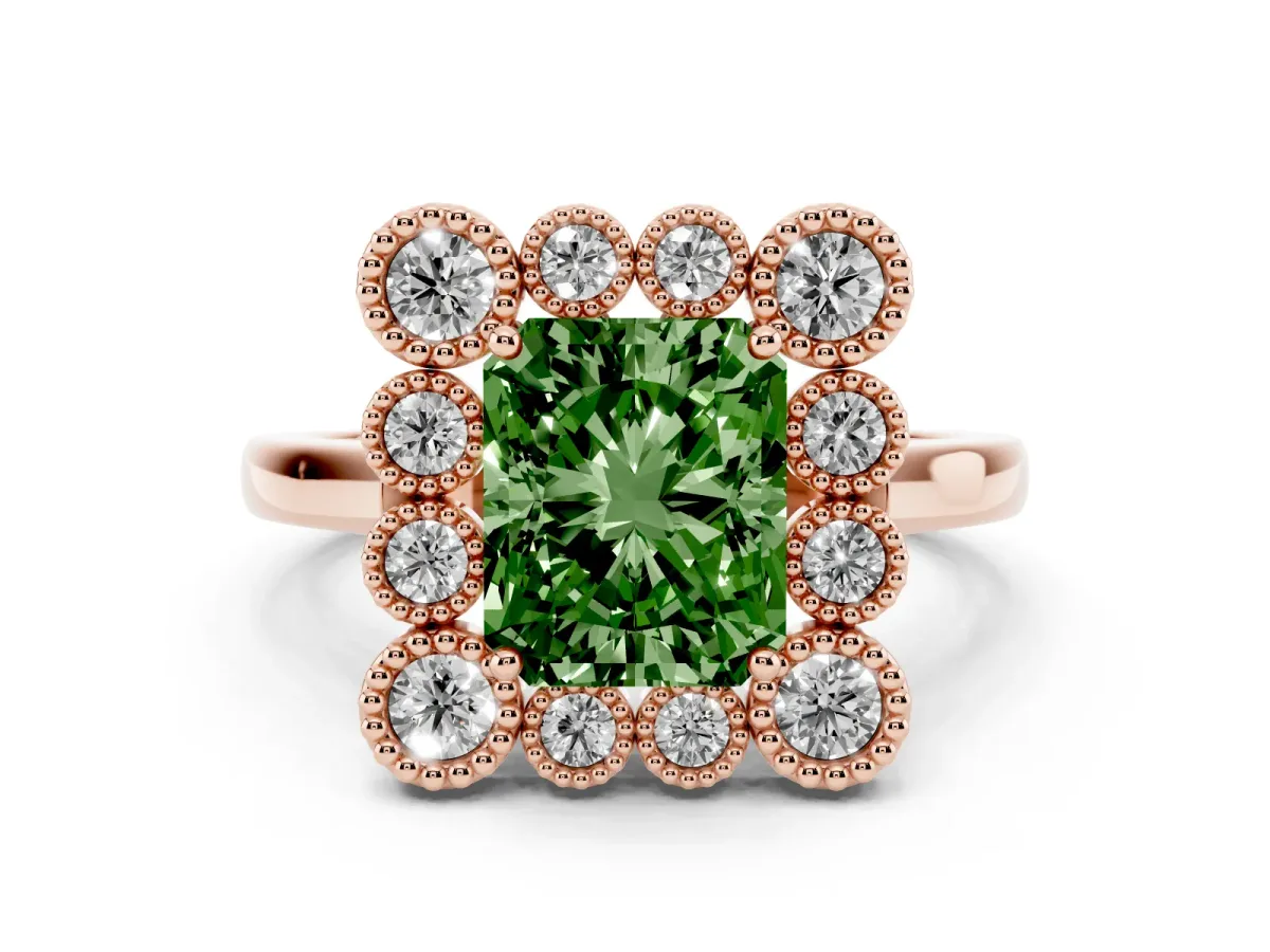 Fancy Green Radiant Cut Halo Diamond Cluster Engagement Ring with Milgrain Bezel Setting and Solitaire Band Rose gold
