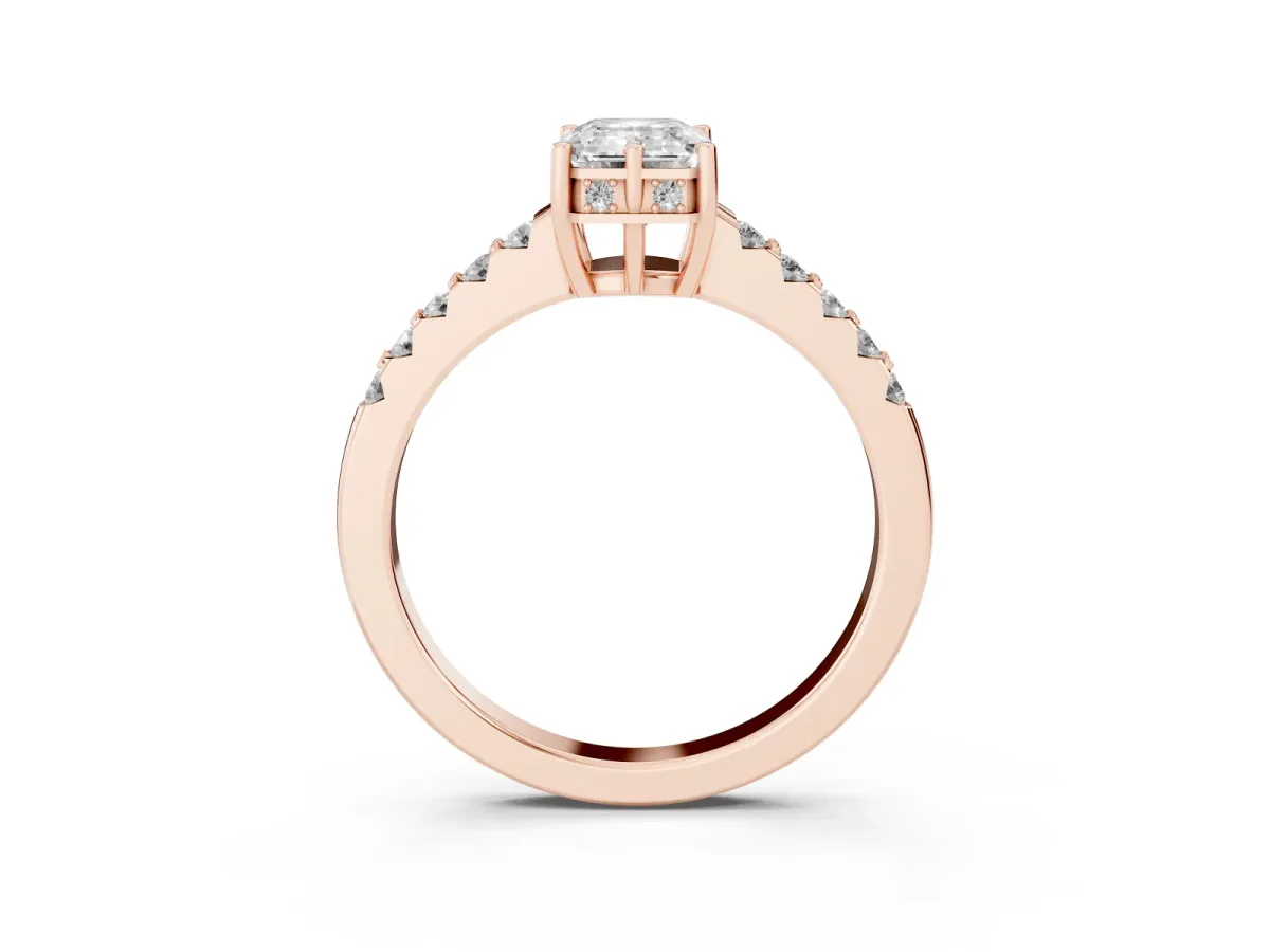 Emerald Cut Solitaire Diamond Engagement Ring with Pavé Band and Six-Prong Setting Rose gold