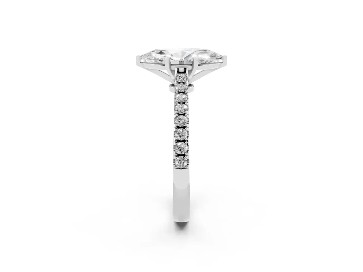Marquise Cut Cut Solitaire Diamond Engagement Ring with Pave Band and Four-Prong Setting White gold