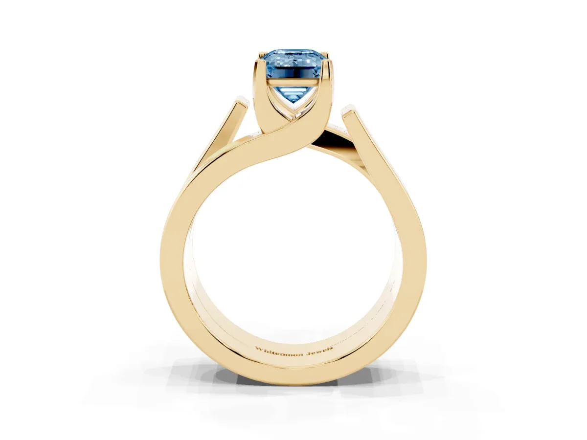 Fancy Blue Modern Tension Set Emerald Cut Diamond Solitaire Wide Band Ring Yellow gold