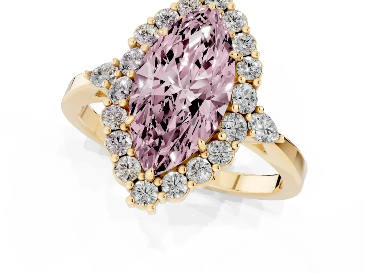Fancy Pink Marquise Cut Diamond Halo Ring with Pear Side Stones and Prong Setting Yellow gold