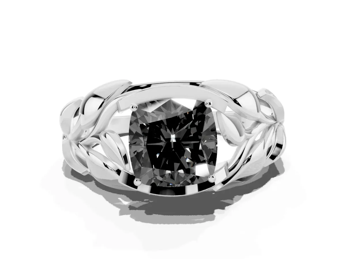 Fancy Black Cushion Cut Diamond Leaf-Inspired Engagement Ring with Round Accents and Prong Setting White gold