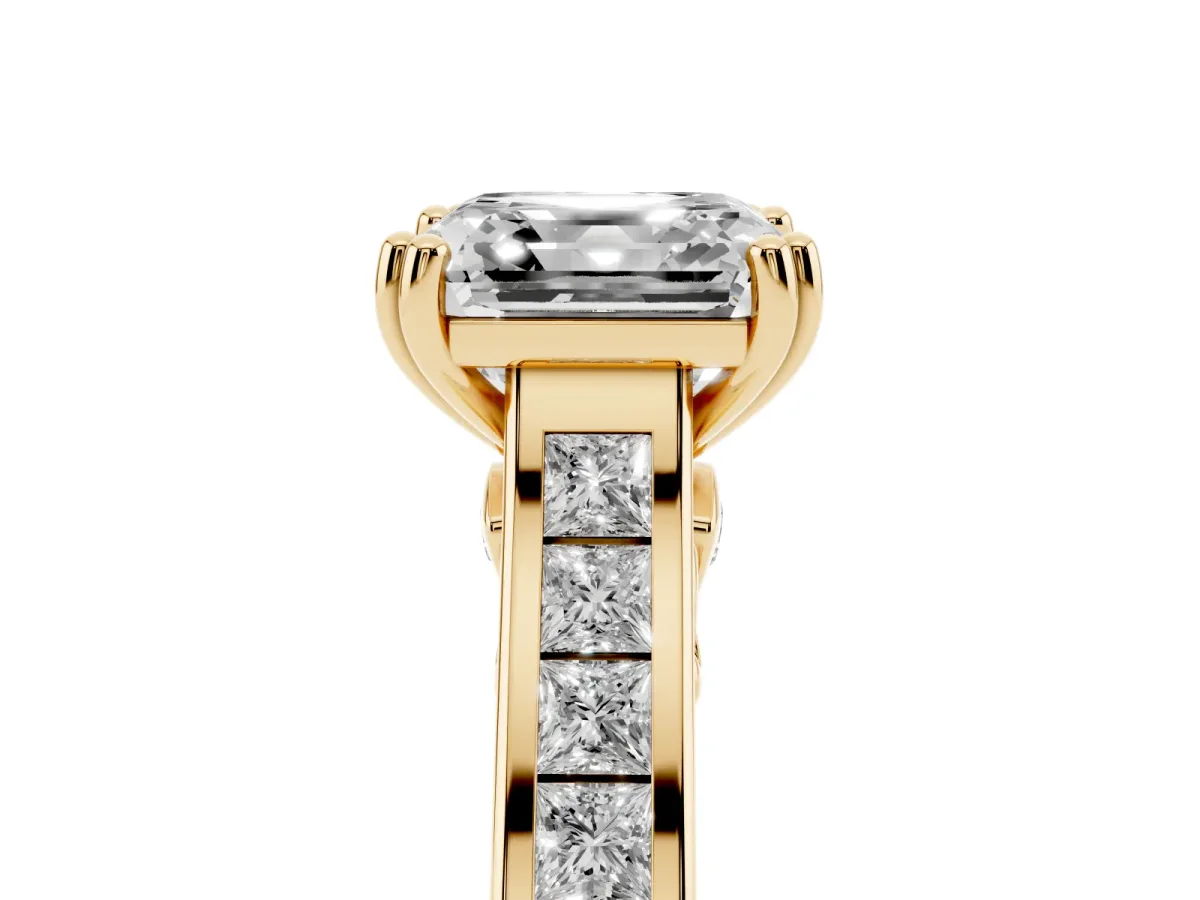 Asscher Cut Cut Channel Set Solitaire Engagement Ring with Prong Setting Yellow gold