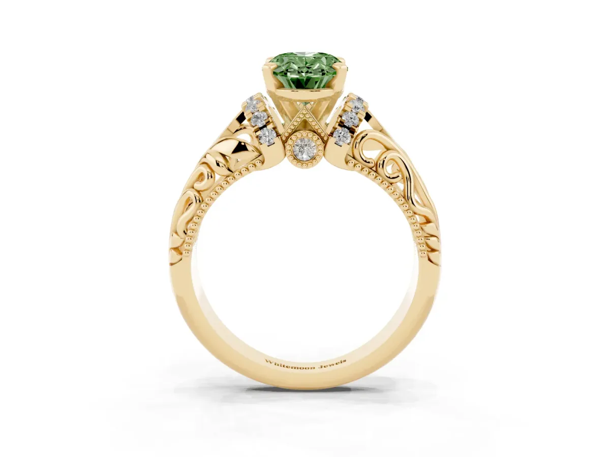 Fancy Green Oval Cut Solitaire Filigree Engagement Ring with Halo and Prong Setting Yellow gold
