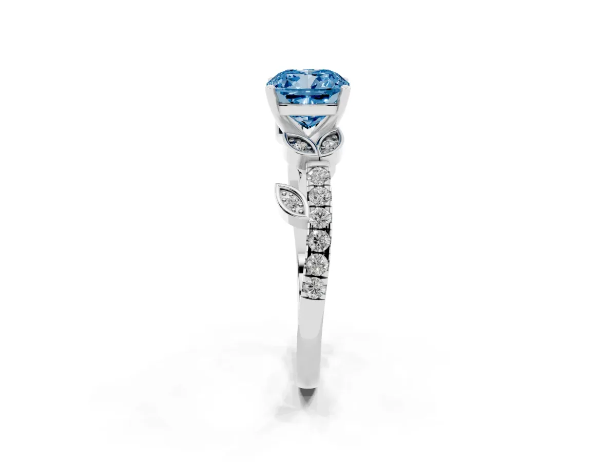 Fancy Blue Cushion Cut Solitaire Leaf-Inspired Diamond Ring with Pavé Band and Four-Prong Setting Silver