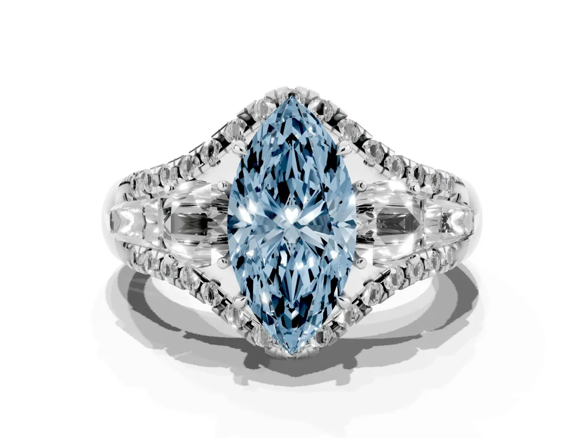 Fancy Blue Three-Stone Marquise Cut Diamond Engagement Ring with Pave Band and Prong Setting Silver