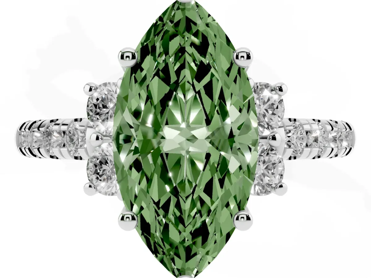 Fancy Green Marquise Cut Diamond Three-Stone Pave Band with Four-Prong Setting Platinum