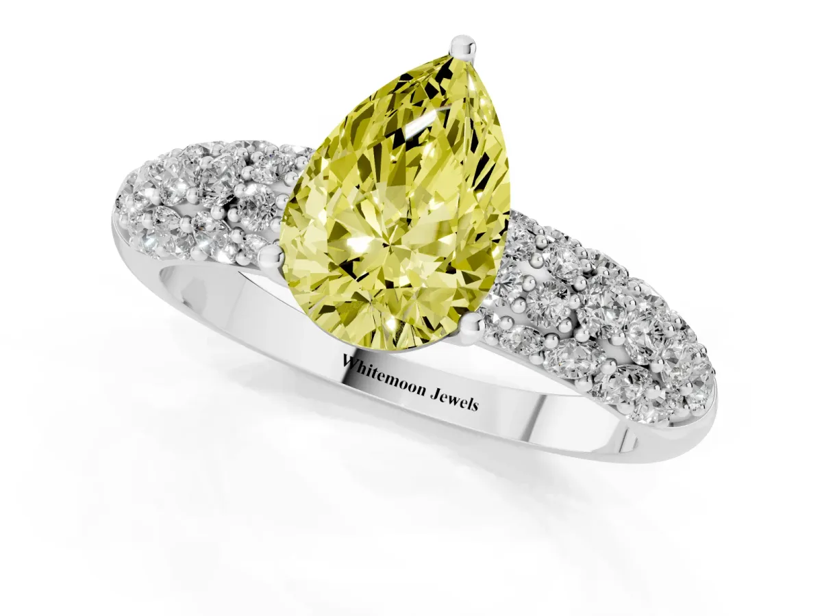 Fancy Yellow Pear Cut Diamond Pavé Band Solitaire Ring with Four-Prong Setting White gold