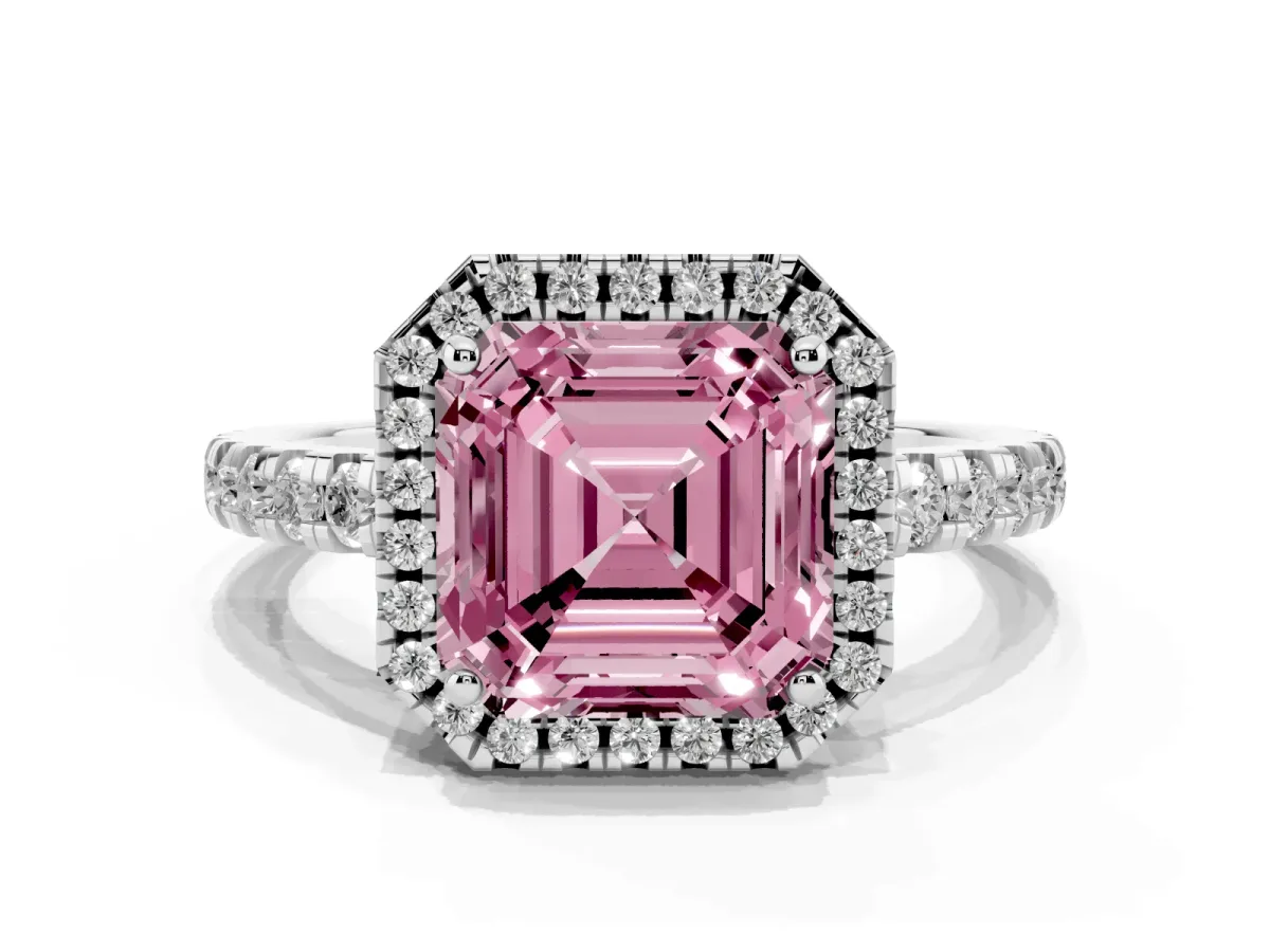 Fancy Pink Asscher Cut Diamond Halo Ring with Pavé Band and Four-Prong Setting White gold