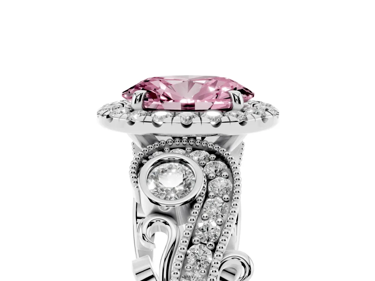 Fancy Pink Oval Cut Diamond Halo Ring with Milgrain Pavé Band and Four-Prong Setting Silver