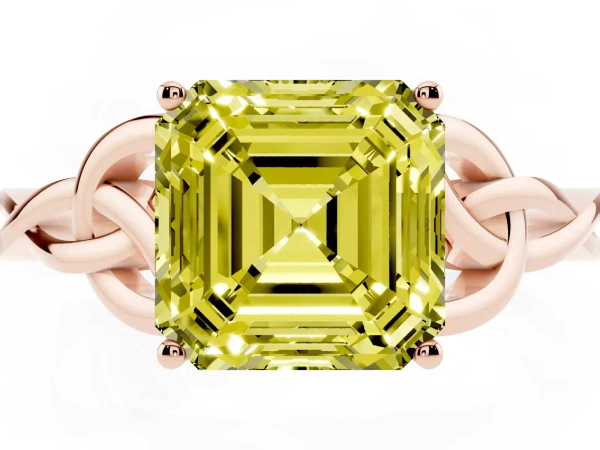 Fancy Yellow Asscher Cut Diamond Solitaire Engagement Ring with Celtic Knot Band and Four-Prong Setting Rose gold