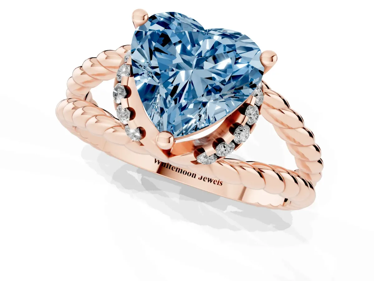 Fancy Blue Heart Cut Halo Twisted Band Four-Prong Ring Rose gold
