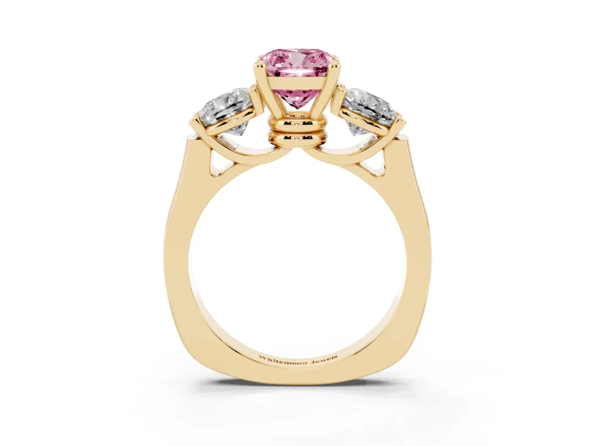 Fancy Pink Three-Stone Cushion Cut Brilliant Diamond Trellis Ring with Comfort Fit Band Yellow gold
