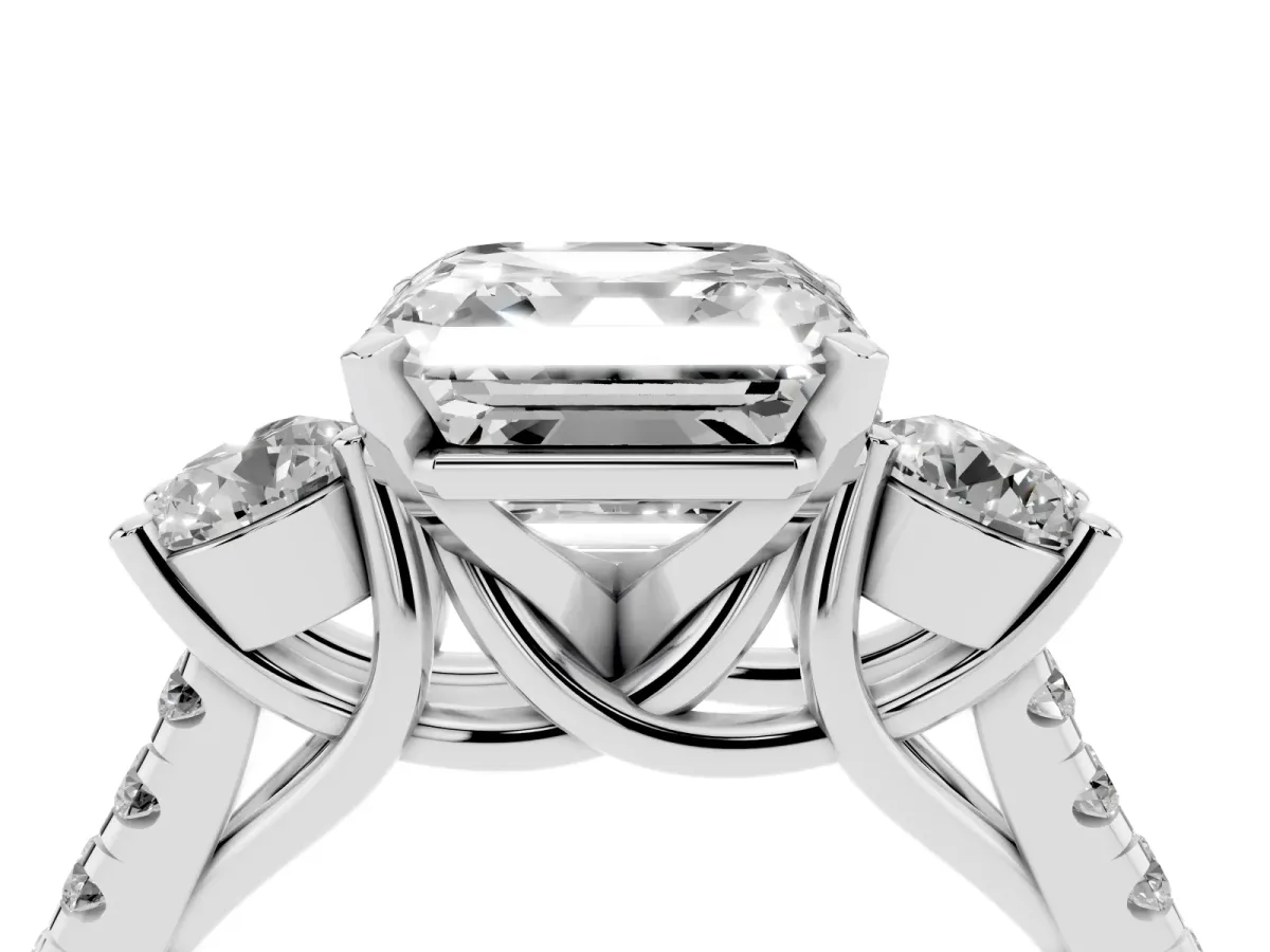 Three-Stone Asscher Cut Diamond Pavé Band with Four-Prong Setting Silver