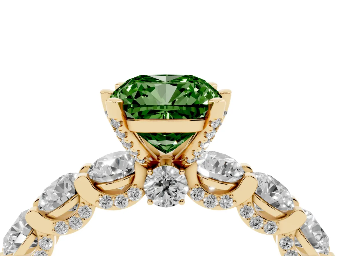 Fancy Green Cushion Cut Diamond Side Stone Engagement Ring with Four-Prong Setting Yellow gold