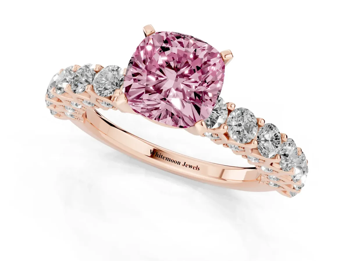 Fancy Pink Cushion Cut Diamond Solitaire Ring with Shared Prong Pavé Band and Four-Prong Setting Rose gold