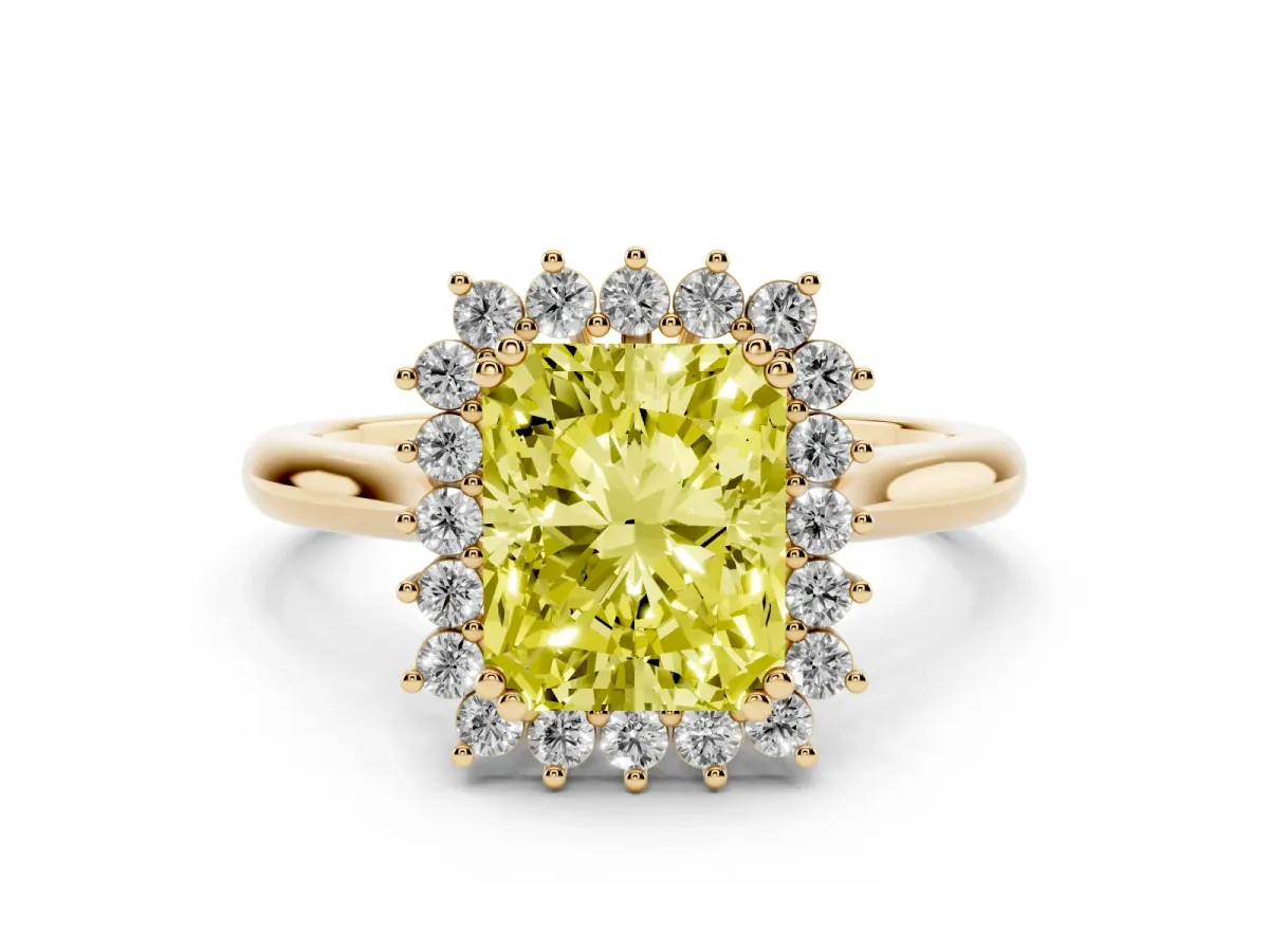 Fancy Yellow Radiant Cut Cut Diamond Halo Ring with Solitaire Band and Prong Setting Yellow gold