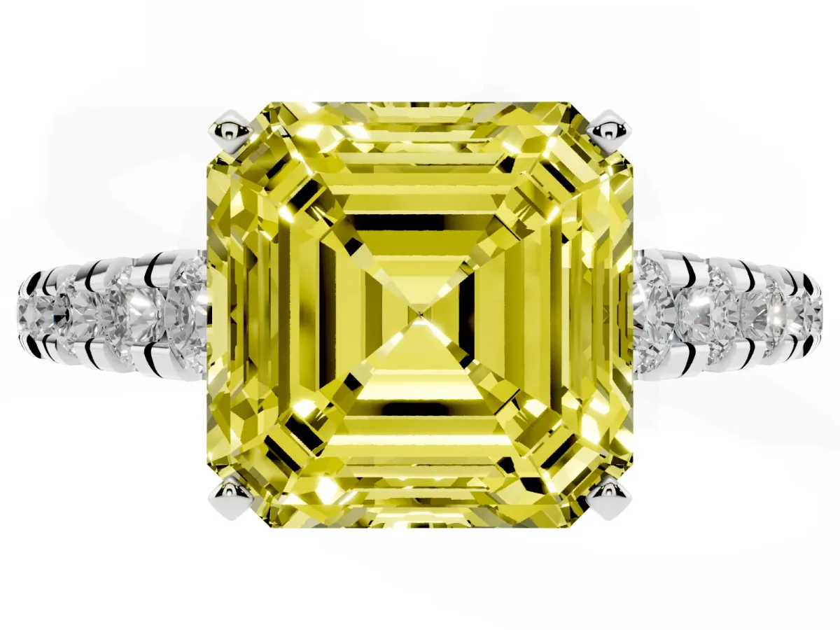 Fancy Yellow Asscher Cut Diamond Cathedral Solitaire Ring with Round Pavé Band Silver