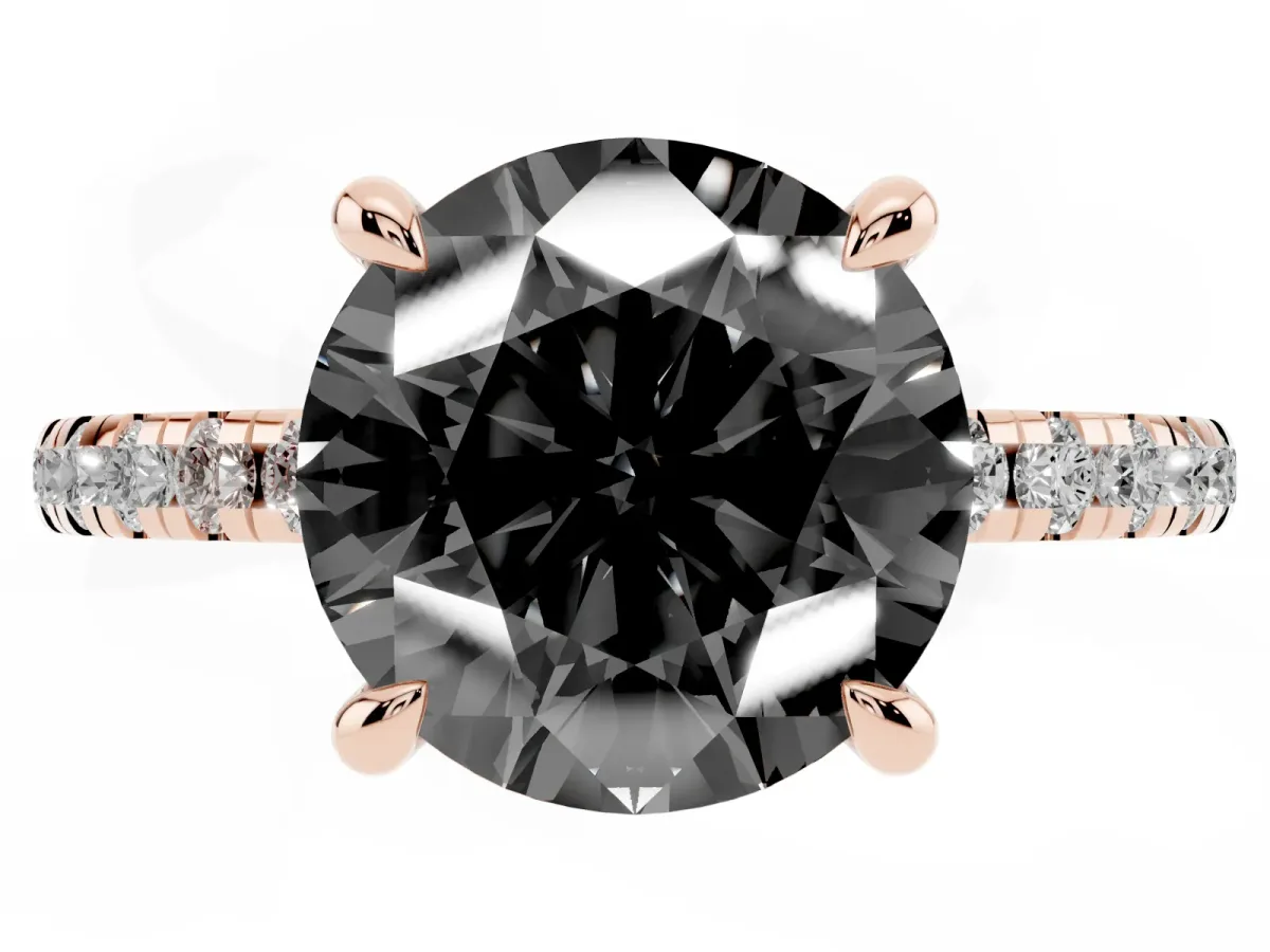 Fancy Black Round Cut Diamond Brilliant Solitaire Ring with Pavé Band and Four-Prong Setting Rose gold