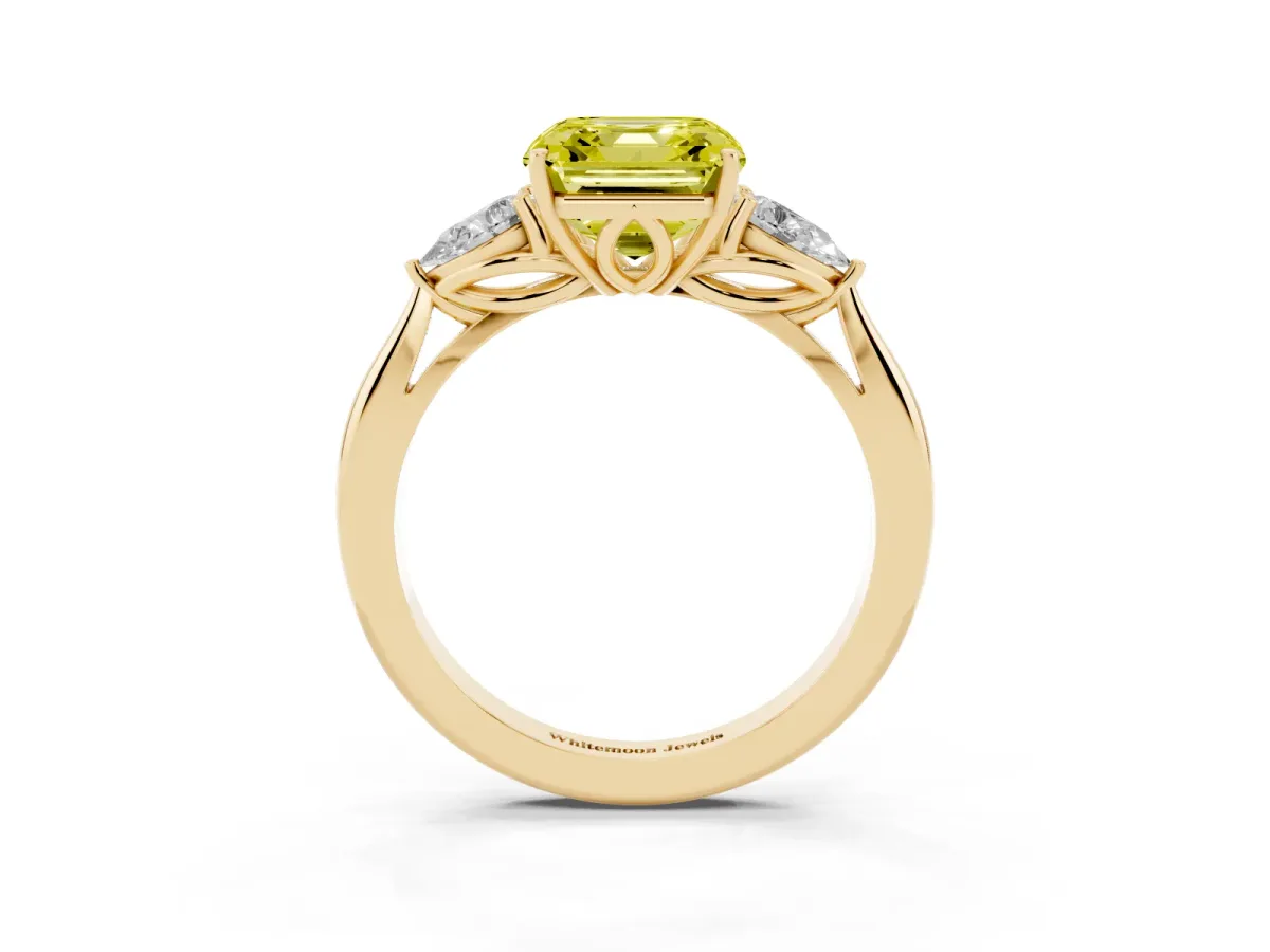 Fancy Yellow Asscher Cut Diamond Three-Stone Ring with Pear Side Stones and Prong Setting Yellow gold