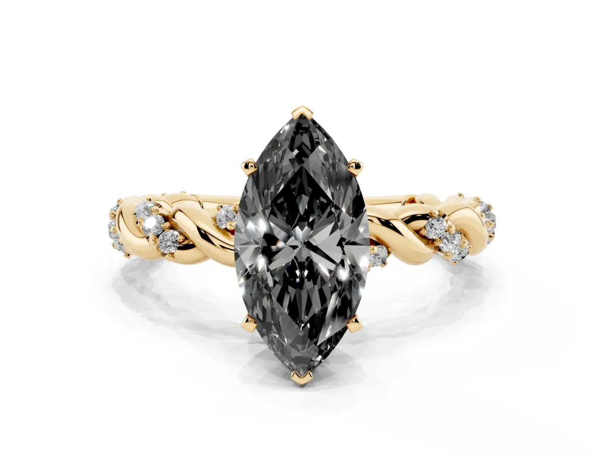 Fancy Black Marquise Cut Diamond Solitaire Ring with Twisted Band and Pavé Accents Yellow gold