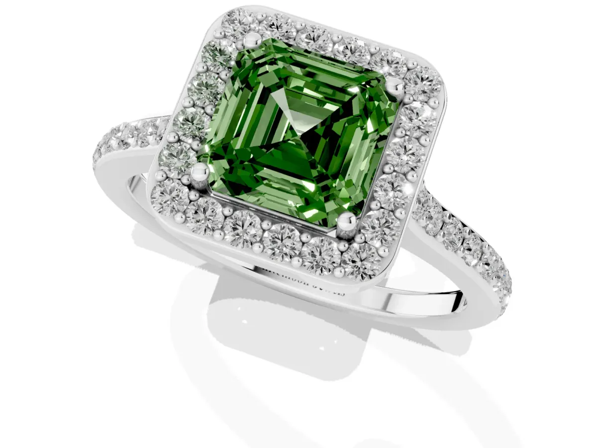 Fancy Green Asscher Cut Diamond Halo Engagement Ring with Round Pavé Shoulders and Prong Setting Silver