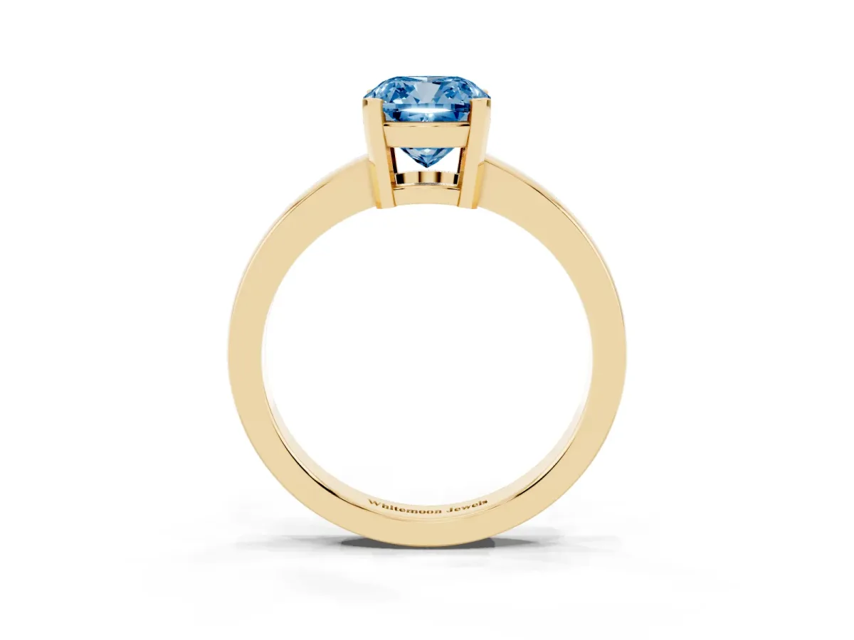 Fancy Blue Cushion Cut Cut Solitaire Ring with Four-Prong Setting and Classic Band Yellow gold