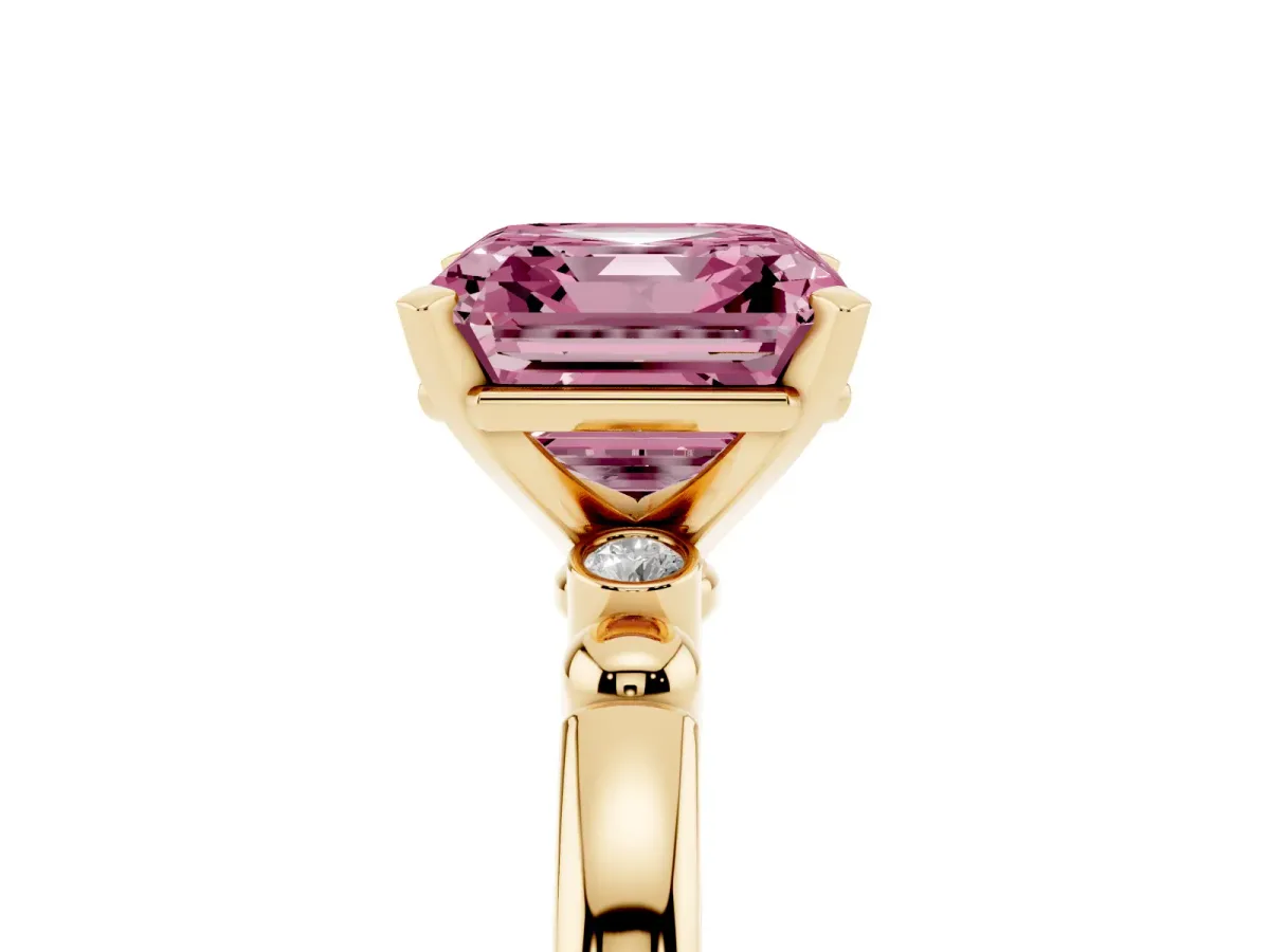 Fancy Pink Asscher Cut Solitaire Beaded Band with Four-Prong Setting Yellow gold