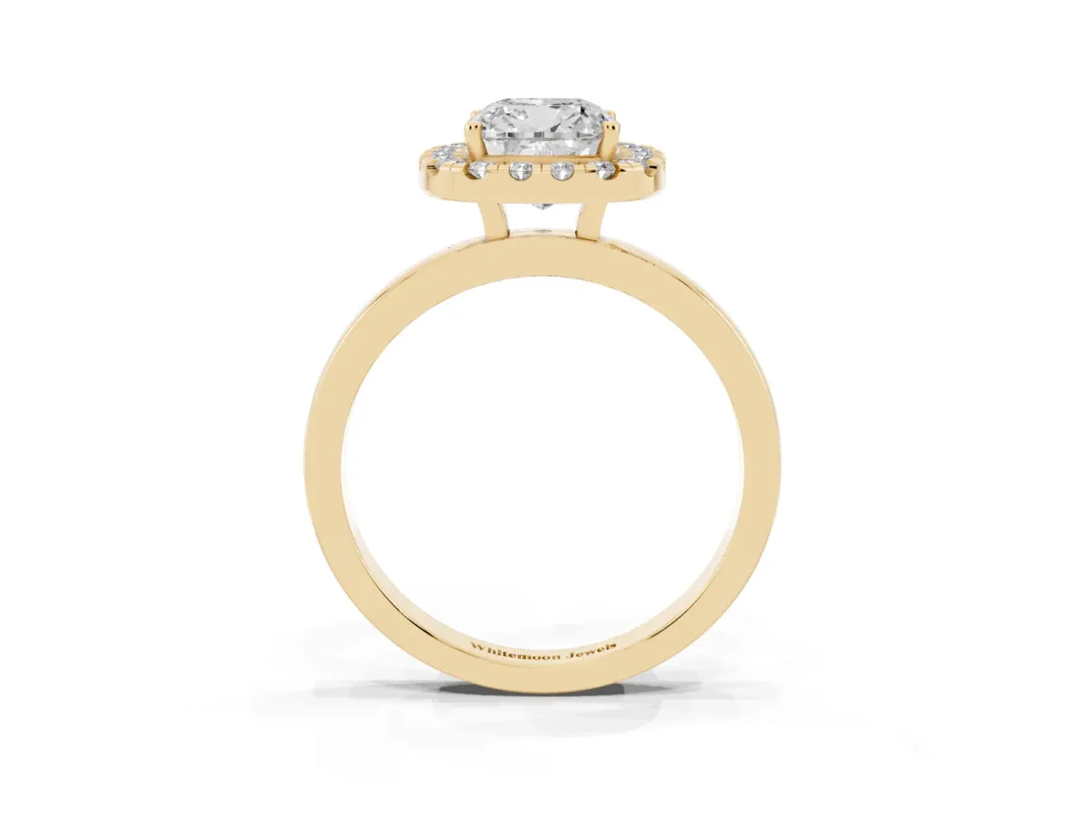 Cushion Cut Halo Diamond Solitaire with Pavé Band and Four-Prong Setting Yellow gold