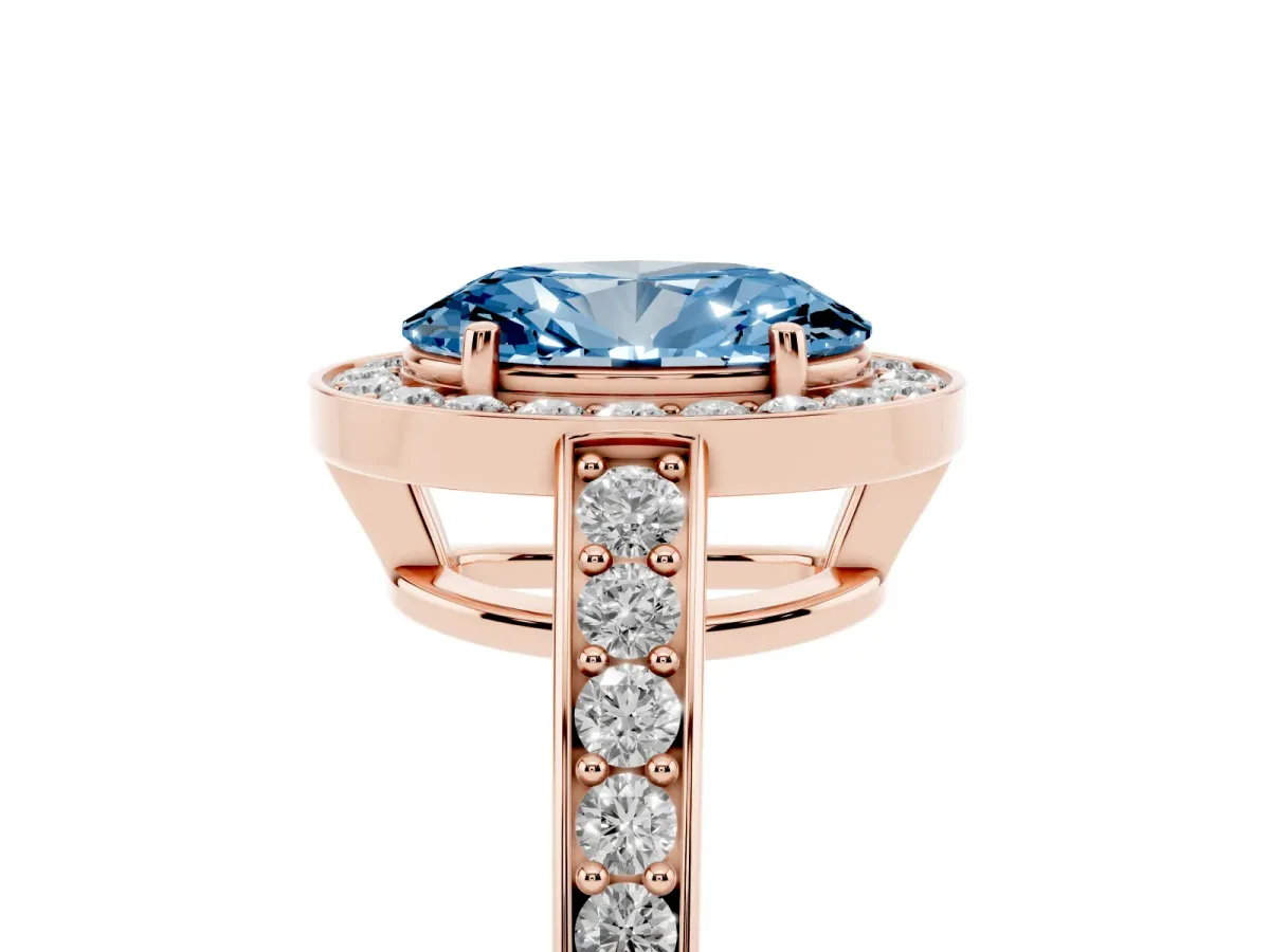 Fancy Blue Oval Cut Halo Pavé Diamond Engagement Ring with Bezel Setting Rose gold
