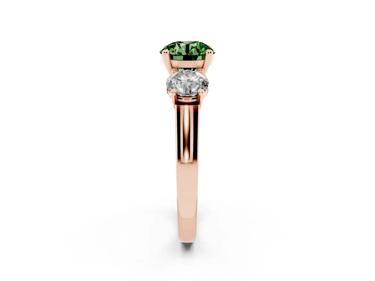 Fancy Green Three-Stone Round Cut Brilliant Diamond Trellis Ring with Comfort Fit Band Rose gold