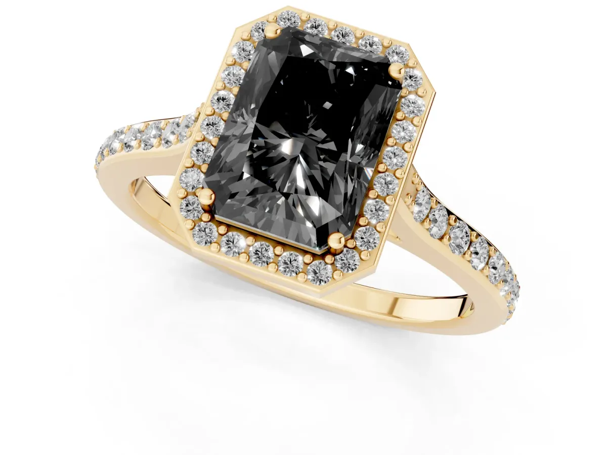 Fancy Black Radiant Cut Diamond Halo Engagement Ring with Round Pavé Shoulders and Prong Setting Yellow gold