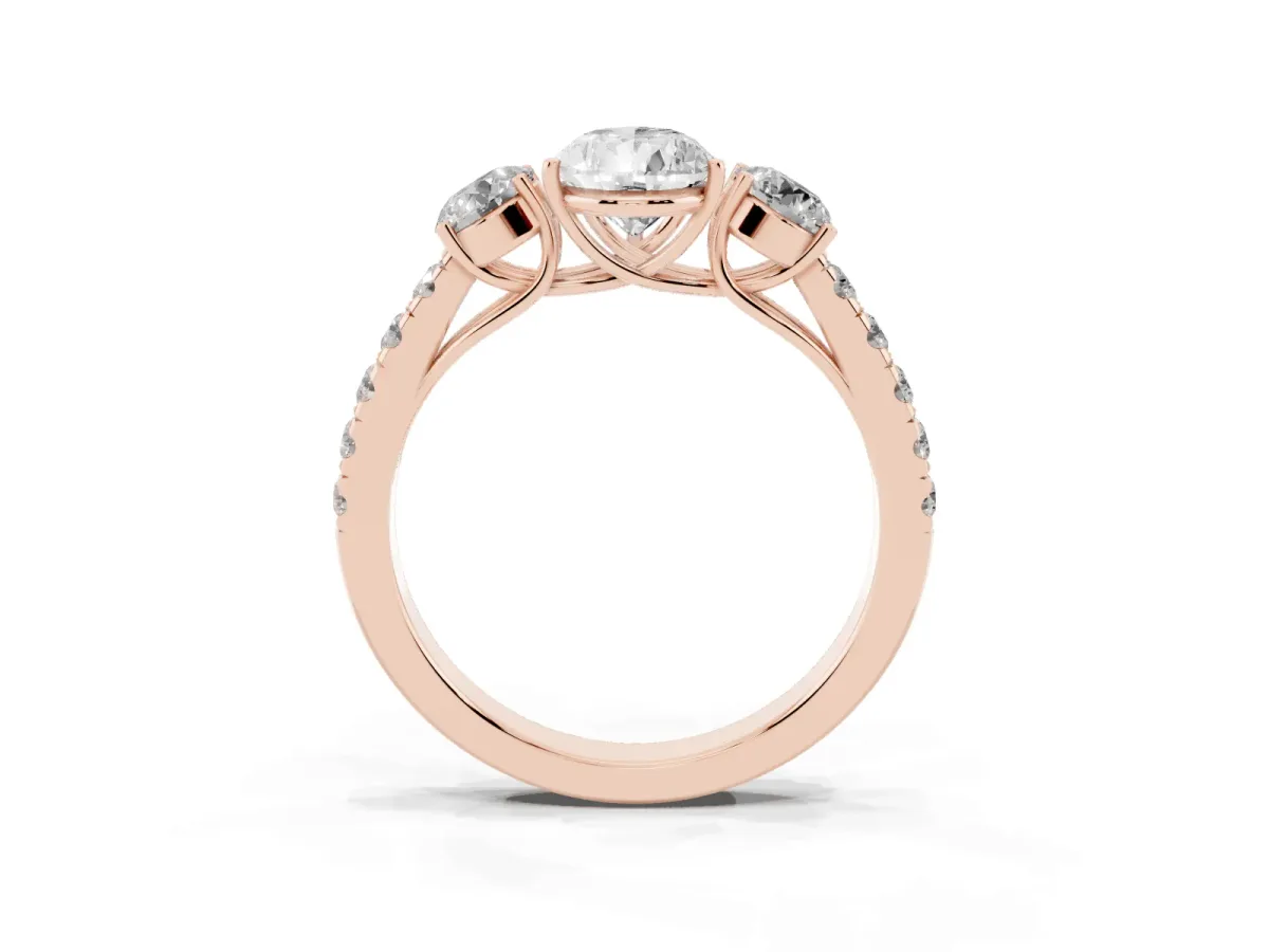 Pear Cut Cut Diamond Three-Stone Ring with Round Side Stones and Pavé Band Rose gold