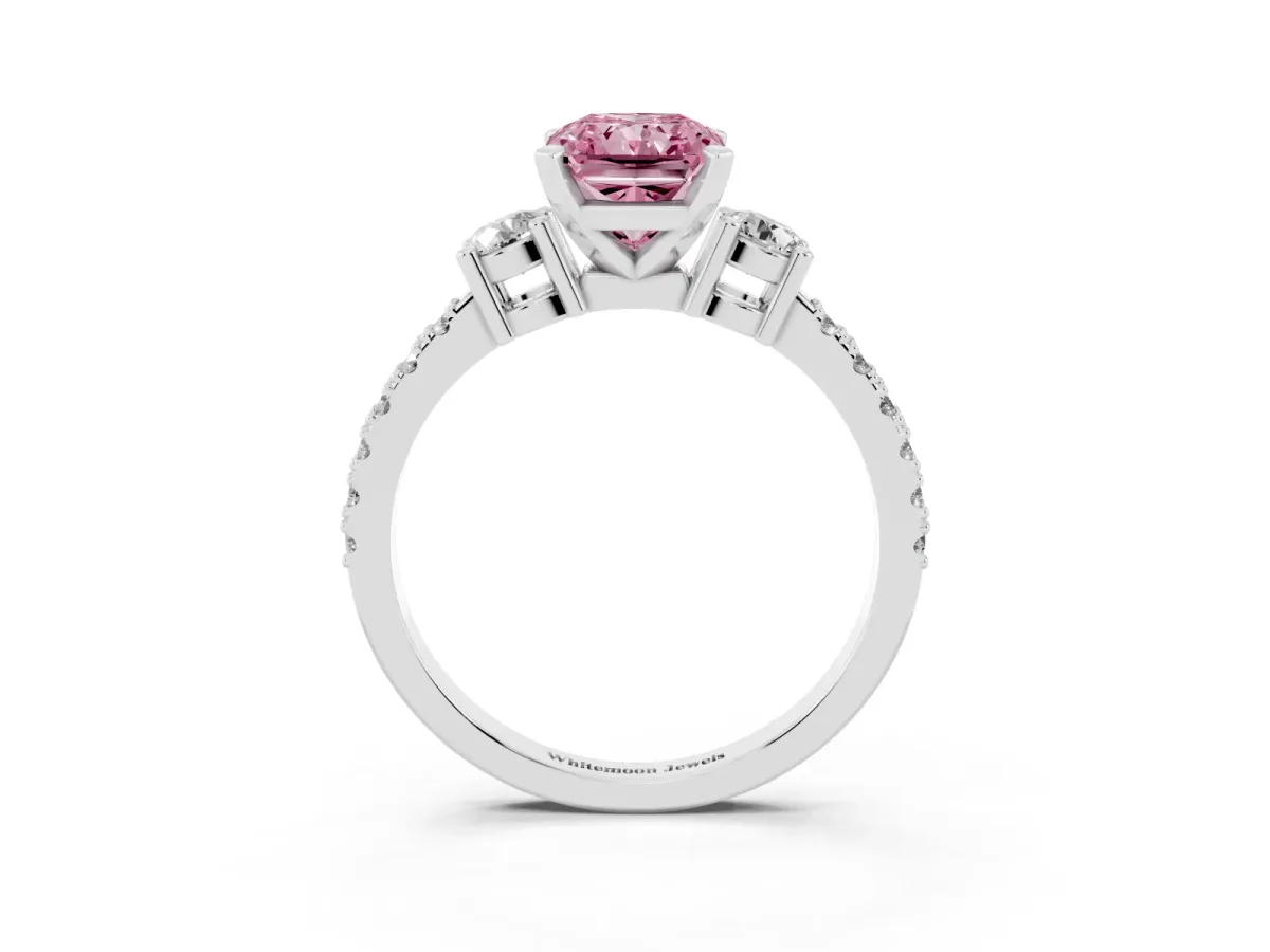 Fancy Pink Radiant Cut Three-Stone Diamond Pavé Band with Prong Setting Platinum