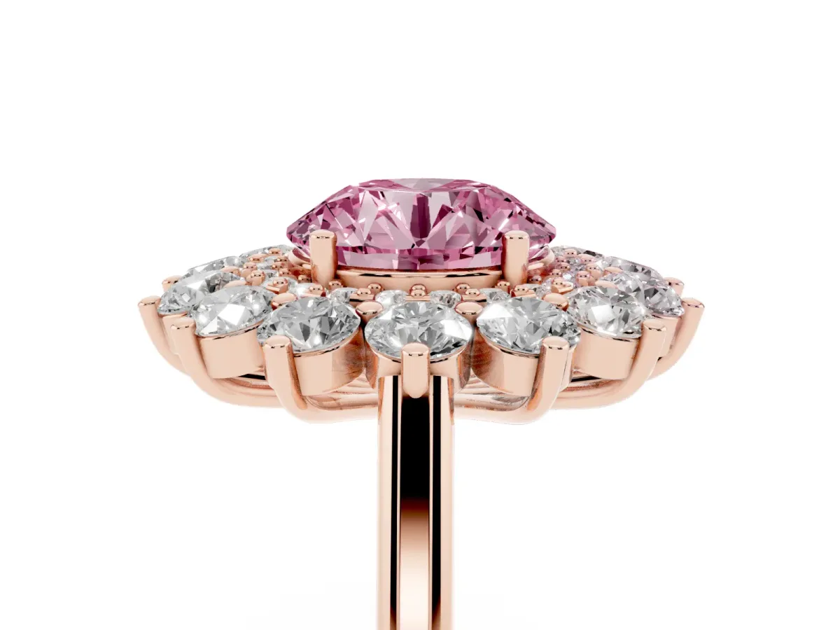 Fancy Pink Round Cut Diamond Floral Double Halo Engagement Ring with Prong Setting Rose gold