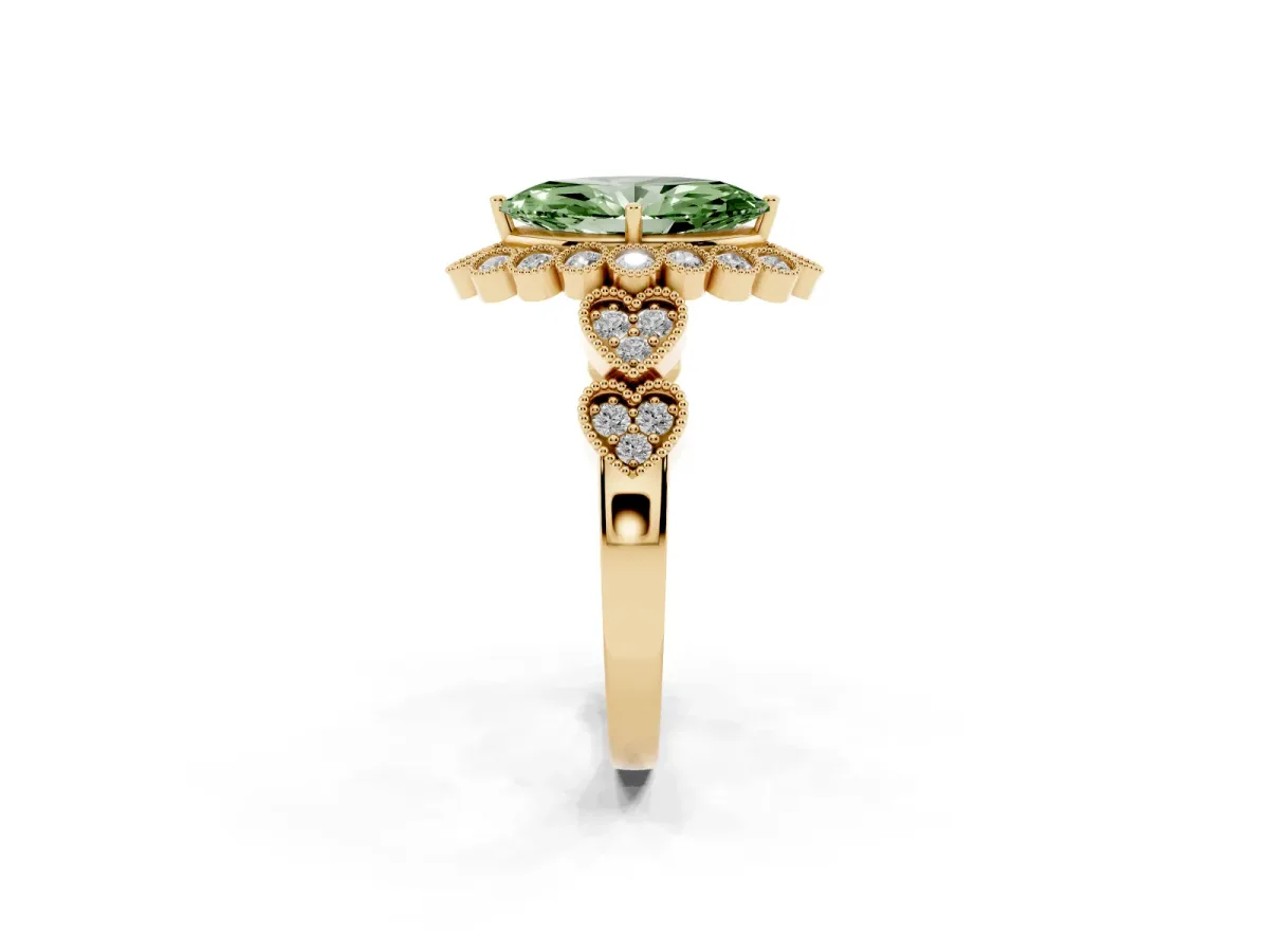 Fancy Green Marquise Cut Brilliant Milgrain Pave Heart Band Solitaire Ring Yellow gold
