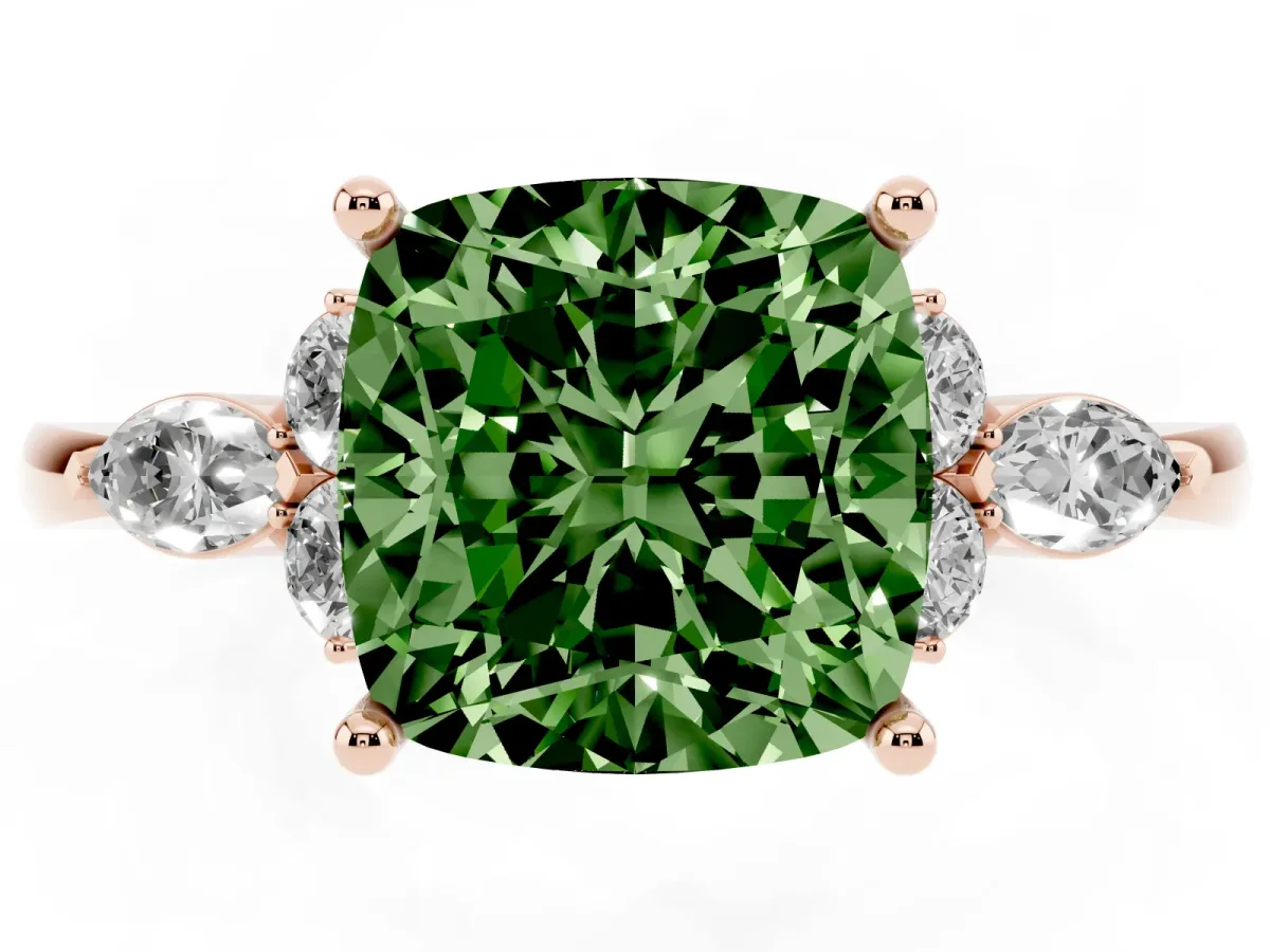 Fancy Green Cushion Cut Brilliant Diamond Solitaire Ring with Pear Side Stones and Four-Prong Setting Rose gold