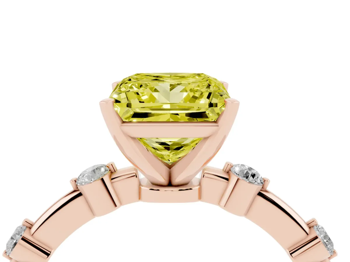 Fancy Yellow Princess Cut Solitaire Diamond Ring with Bezel Set Side Stones and Prong Setting Rose gold