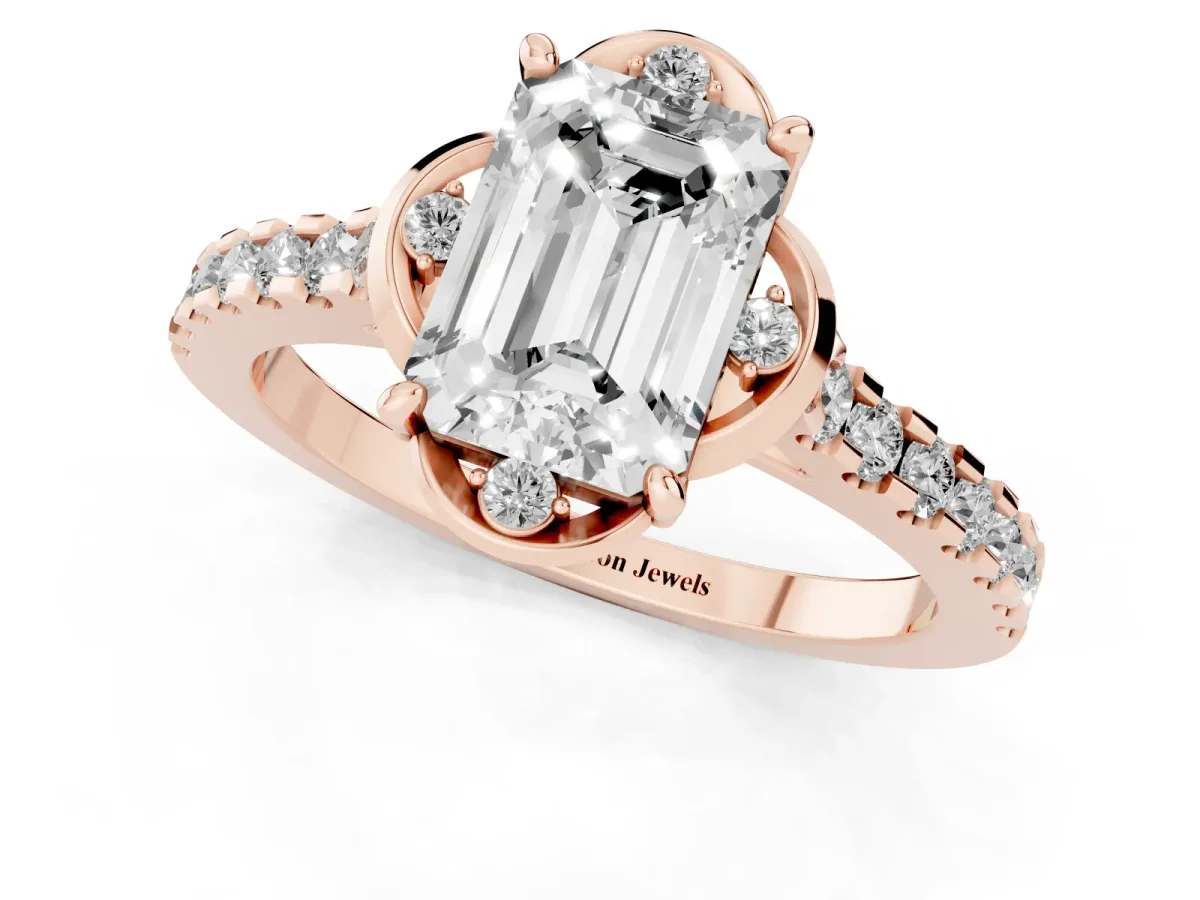 Emerald Cut Diamond Ring with Pavé Band and Floral Prong Setting Rose gold