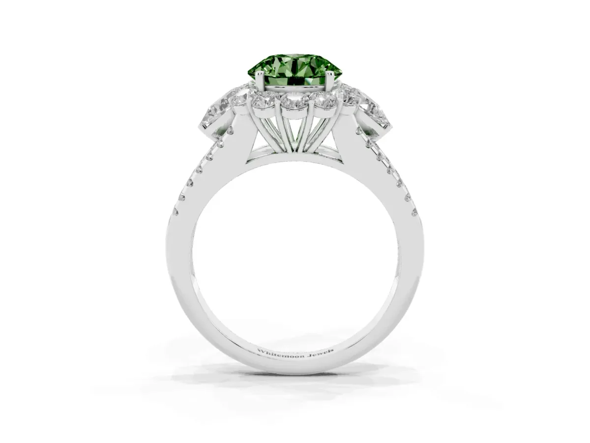 Fancy Green Round Cut Halo Split Shank Diamond Engagement Ring with Prong Setting Silver