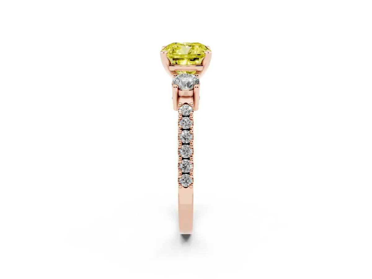 Fancy Yellow Cushion Cut Three-Stone Diamond Pavé Band with Prong Setting Rose gold