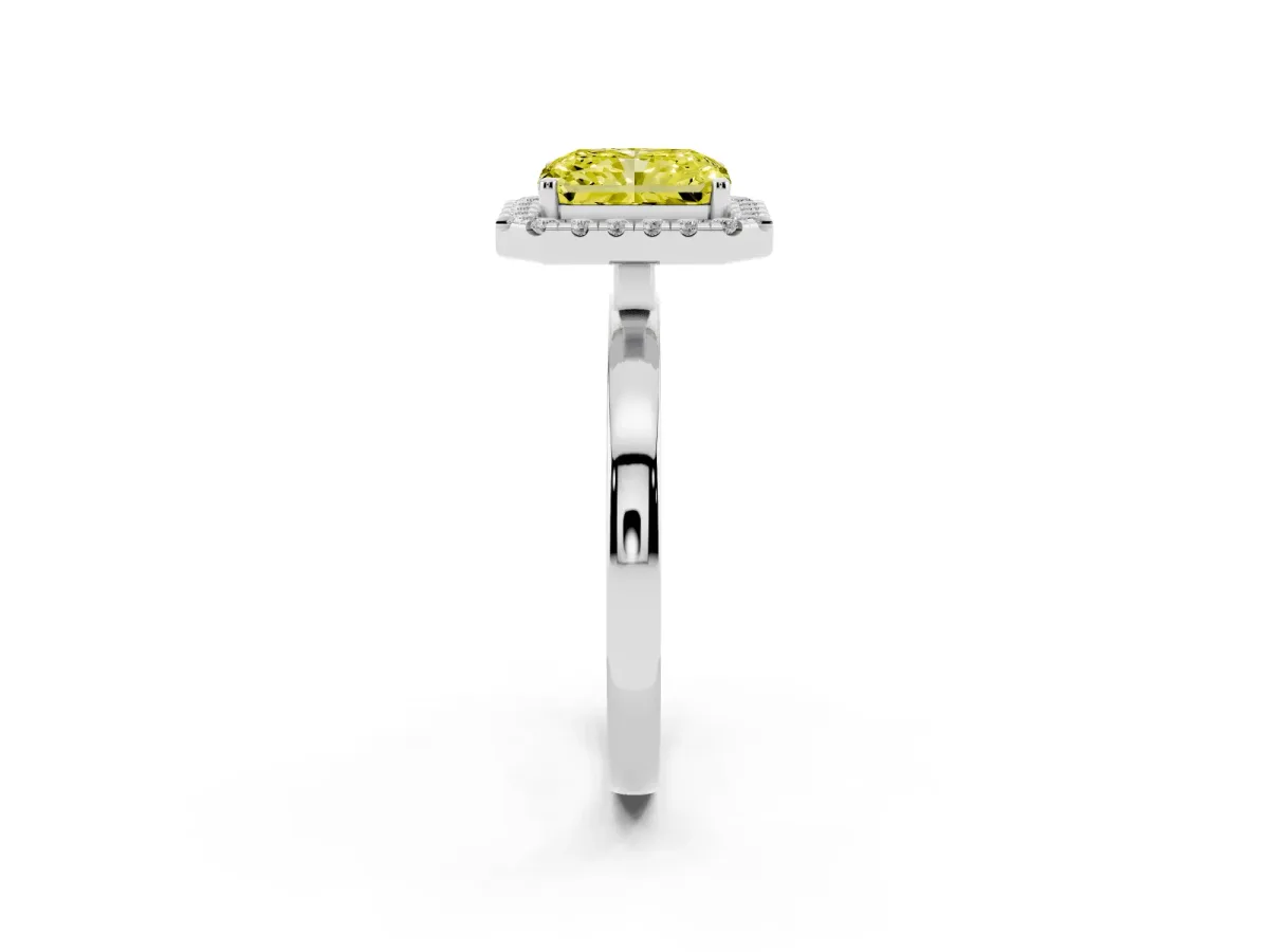 Fancy Yellow Radiant Cut Halo Diamond Solitaire with Pavé Band and Four-Prong Setting Platinum