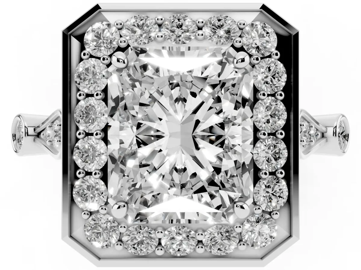 Radiant Cut Halo Diamond Engagement Ring with Twisted Band and Four-Prong Setting Platinum
