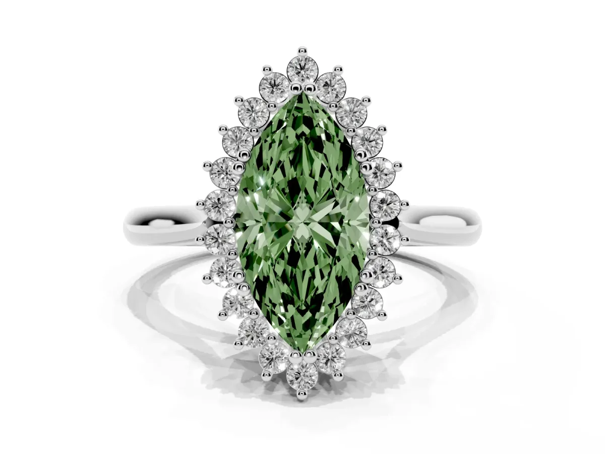 Fancy Green Marquise Cut Cut Diamond Halo Ring with Solitaire Band and Prong Setting Platinum