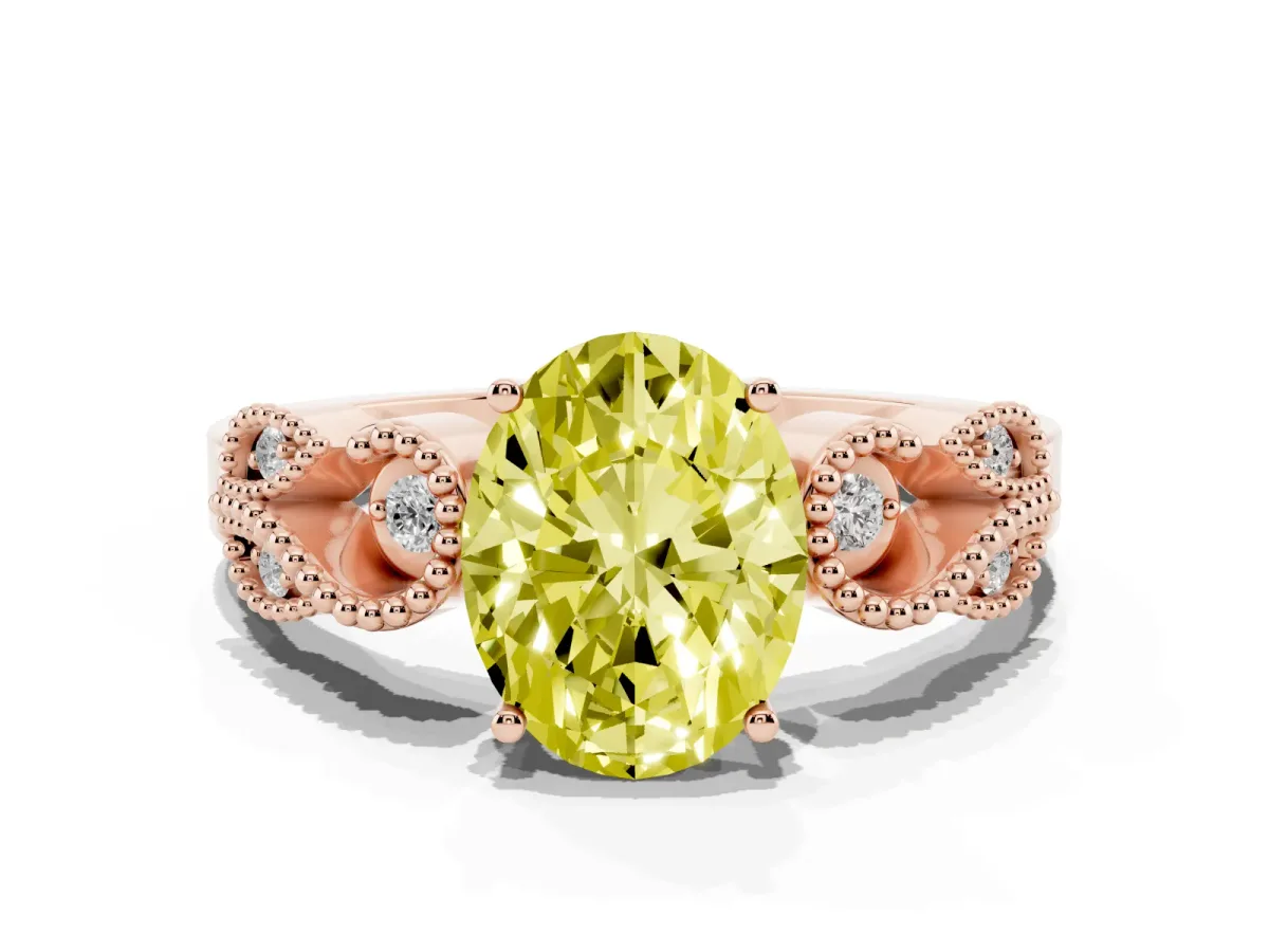 Fancy Yellow Oval Cut Solitaire Milgrain Leaf Band with Prong Setting Rose gold