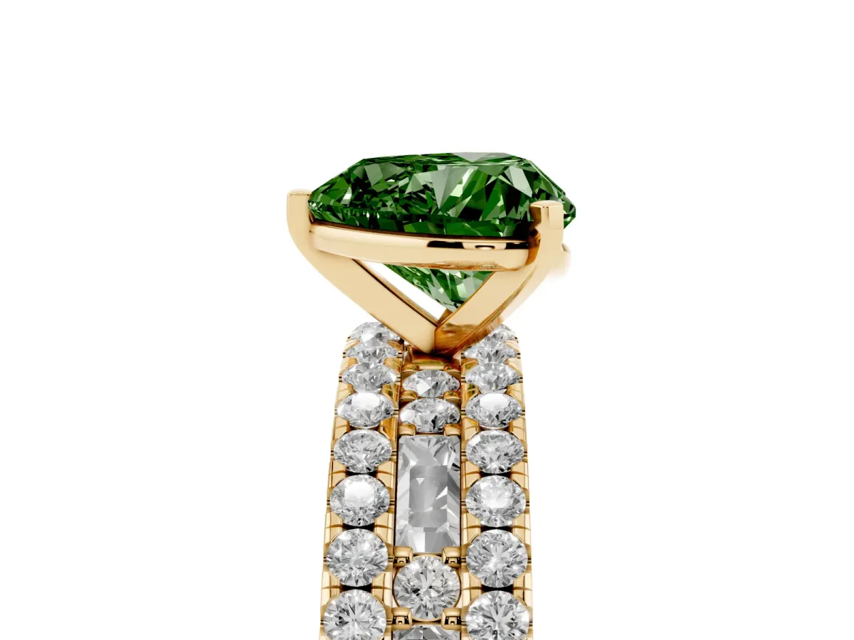 Fancy Green Heart Cut Diamond Solitaire Ring with Pavé and Channel Set Band Yellow gold