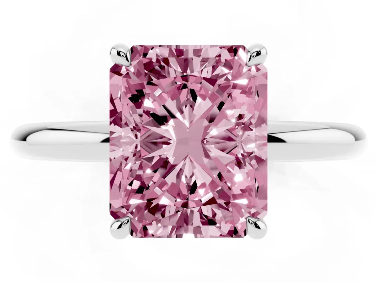 Fancy Pink Radiant Cut Diamond Solitaire Ring with Thin Band and Four-Prong Setting Silver
